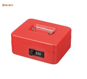 Red Metal Cash Box With Removable Coin Tray Durable 5 Compartment Security