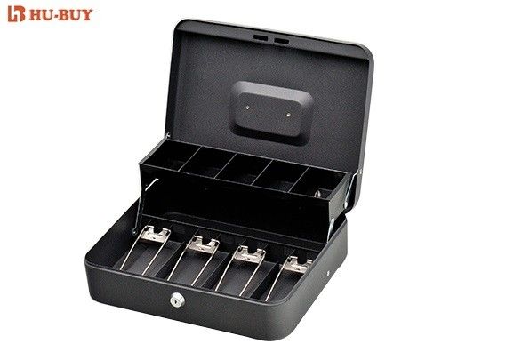 Locking Large 12 Inch Metal Cash Box With Money Tray / 4 Spring Hinged Clips